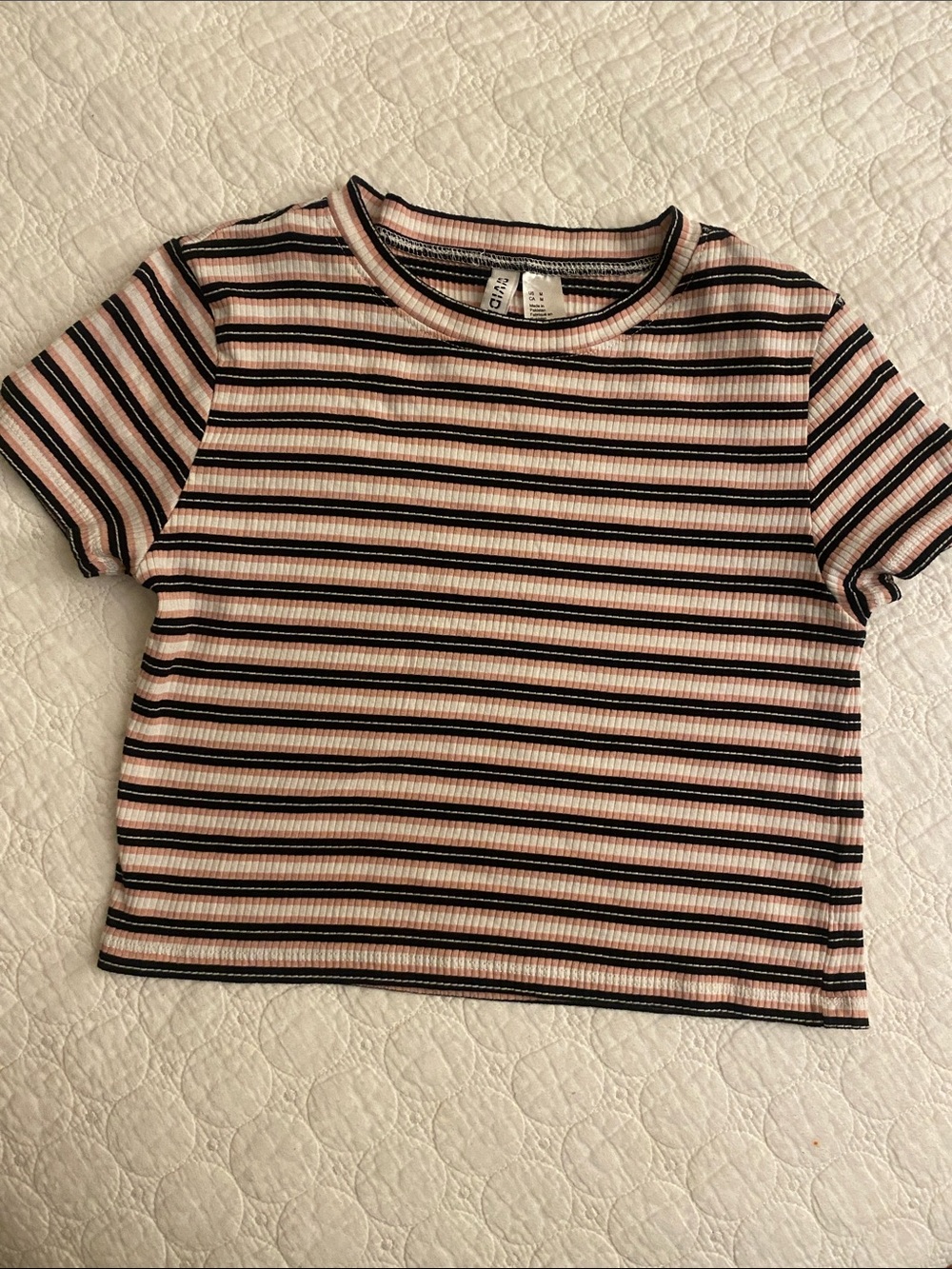 Divided Striped Ribbed Crop Top in Pink, Black & White